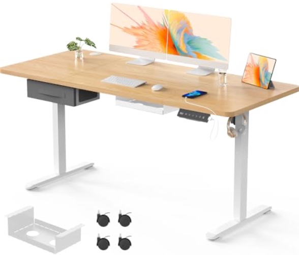 Flamaker Standing Desk 140x70cm with USB Charging Port, Sit Stand Reminder Desk Height Adjustable Electric Desk Home Office Desk with Cable Management Tray and Wheels, White Desktop+White Frame - 160 x 70 cm - Beige Top+white Wheels