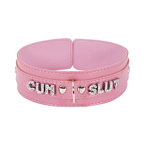 paloli Women Pink Leather Choker Necklace, Punk Gothic Black Fluffy Name Letters Collar Leash Neck Jewelry - Pink - CUM