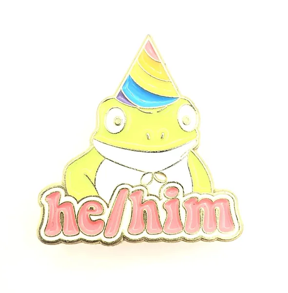 He / Him Pronouns Cute Green Frog Metal Enamel Pin Badge