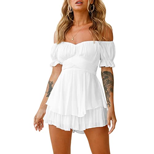 Fabumily Women Puff Sleeve Romper Off Shoulder Ruffle Dress with Shorts Long Sleeve Flowy Layered Pirate Jumpsuit Playsuits - B White - Small