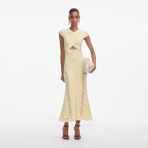 Yellow Knit Lace Insert Midi Dress | XS