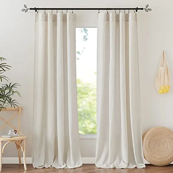RYB HOME Linen Semi Sheer Curtains Flax Linen Blend Breathable Airy Window Drapes Soften Sunlight for Nursery, Hallway, Study, Home Office, Mansion, School, Hotel, W 52 x L 90 inch, 2 Panels, Linen