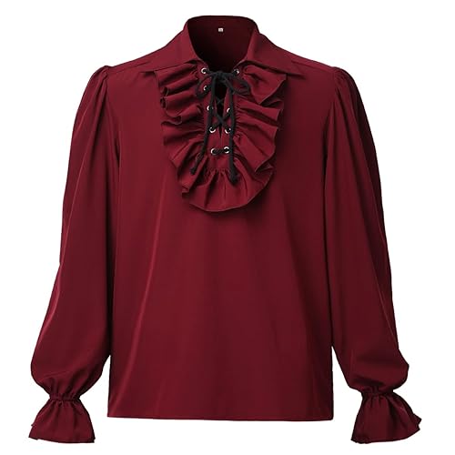 GRACEART Mens Pirate Shirt Ruffle Colonial Shirt Renaissance Poet Shirt Steampunk Vampire Gothic Medieval Costume - X-Large - 07#wine