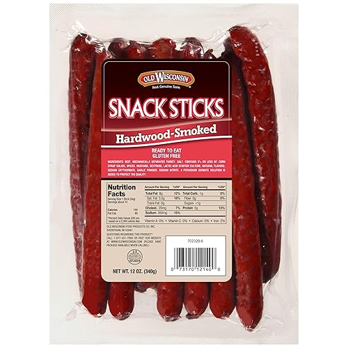 Old Wisconsin Hardwood Smoked Snack Sticks, Ready to Eat, High Protein, Low Carb, Keto, Gluten Free, 12 Ounce (Pack of 8)