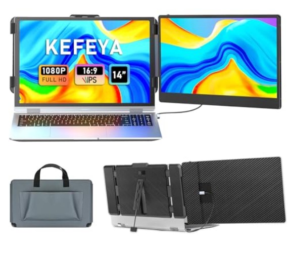 KEFEYA Laptop Screen Extender, 14" FHD 1080P IPS Laptop Monitor Extender Dual Screen, Portable Monitor for Laptops 13-17.3" with USB-C/HDMI Port, Plug n Play for Windows/Mac/Android/Switch/PS5 - 14” Dual Screen