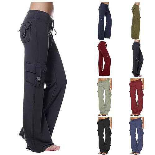 Cargo Pants for Women Bootcut Yoga Pants Wide Leg Sweatpants Plus Size Workout Gym Trousers with Button Pockets - A01-black - Large