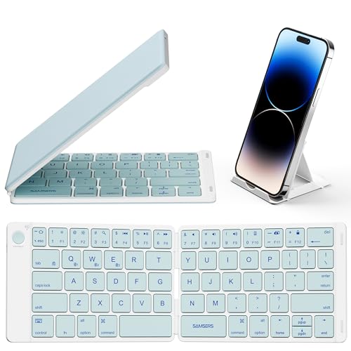 Samsers Bluetooth Foldable Keyboard, Wireless Portable Folding Keyboard, Full-Size Ultra-Slim Rechargeable Keyboard Connect Up to 3 Devices for iOS Android Windows Phone Tablet and Laptop, Blue - BT x 3 - Sky Blue