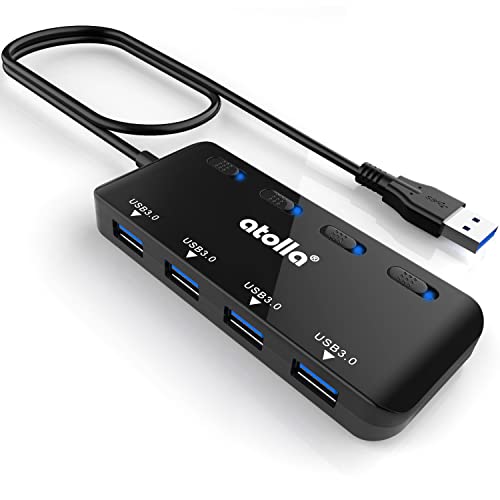 USB Hub, 4-Port USB 3.0 Hub Splitter with 2 ft Extended Cable, Ultra Slim Data USB Extender with Individual Power Switches and LED - 2 FT