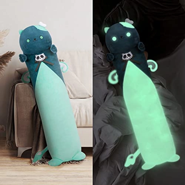 Mewaii Long Cat Plush Body Pillow, 28” Luminous Light Up Cat Stuffed Animals Kawaii Night Light Plushies Kitten Plush Glow in The Dark Gift for Girls Boys