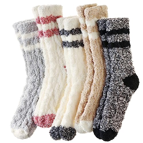 Velice Womens Fuzzy Socks Soft Cozy Fluffy Slipper Socks Winter Warm Plush Sleeping Christmas Socks 5 Pairs - One Size - Stripe Color