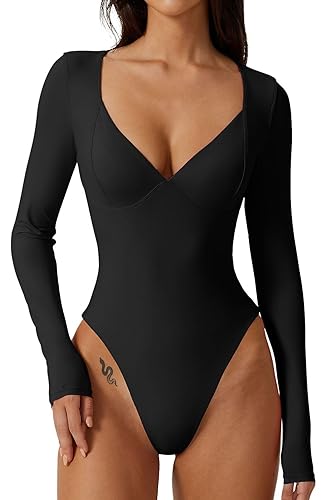 QINSEN Women's Long Sleeve Bodysuit V Neck Body Suits Seamed Cup Going Out Tops Shirt - Large - Black