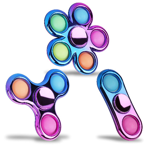 FIGROL Pop Simple Fidget Spinner 3 Pack, Push Bubble Metal-Looking Fidget Spinners, Pop Bubble Rainbow Fidget Toys Spinners for ADHD Anxiety, Stress Relief Sensory Toy Party Favor for Kids - Golden Blue 3 pack