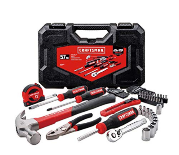 CRAFTSMAN Home Tool Kit / Mechanics Tool Set, 57-Piece, Hammer, Screwdrivers, Drill Bits, Sockets, Ratchet, Hex Keys, Tape Measure, Pliers and More (CMMT99446) - 57-Pieces - Home Tool Kit