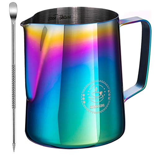 Milk Frothing Pitcher 20oz,Espresso Steaming Pitcher 20oz,Espresso Machine Accessories,Milk Frother Cup 20oz,Milk Coffee Cappuccino Latte Art,Colorful Stainless Steel Jug - COLOR 20 Oz
