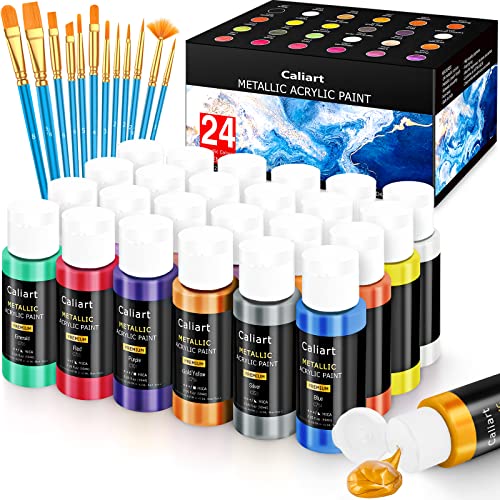 Caliart Metallic Acrylic Paint Set with 12 Brushes, 24 Colors (59ml, 2oz) Art Craft Paints for Artists Students Kids Beginners, Halloween Decorations Canvas Ceramic Wood Rock Painting Art Supplies Kit - Pure Metallic