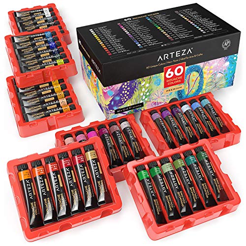 ARTEZA Gouache Paint Set, 60 Colors in 12ml/0.4 US fl oz Tubes, Premium Gouache Artist Paint for Professionals & Students, Ideal for Canvas and Paper, Art Supplies for Bright Creations