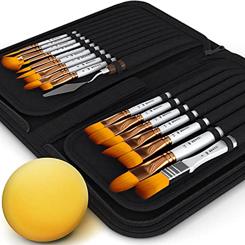 16 Pieces Premium Artist Paint Brush Set - Includes Palette Knife, Sponge, Organizing Case - Painting Brushes for Kids, Adults & Professionals - Perfect for Your Watercolor, Oil, Acrylic Painting Art