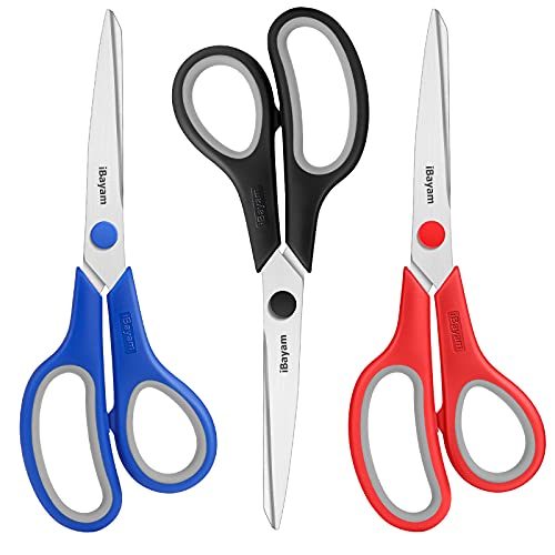 Scissors, iBayam 8" All Purpose Scissors Bulk 3-Pack, Ultra Sharp 2.5mm Thick Blade Shears Comfort-Grip Scissors for Office Desk Accessories Sewing Fabric Home Craft School Supplies, Right/Left Handed - Red, Black, Blue - 3-Pack