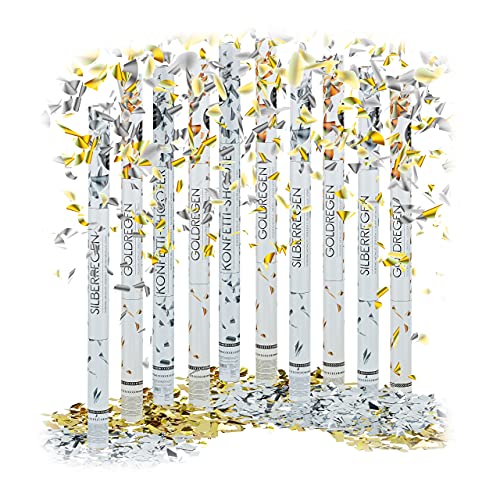 Relaxdays 10x Lanceurs confettis 80 cm canons Party Popper fête décoration Mariage Cadeau Argent et doré 6-8 m, doré et argenté