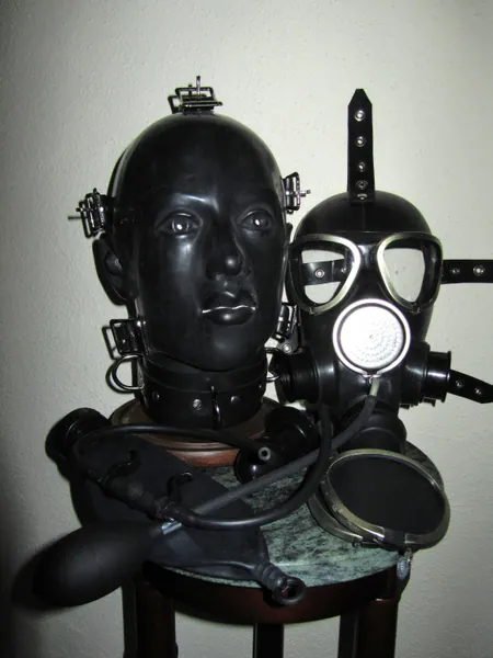 Fetish Heavy Rubber System 3-in-1 BONDAGE HELMET Gas Mask Rebreather Latex HOOD w Collar, Gag, Blindfolds, Drinking Unit by Fantomas & Co.