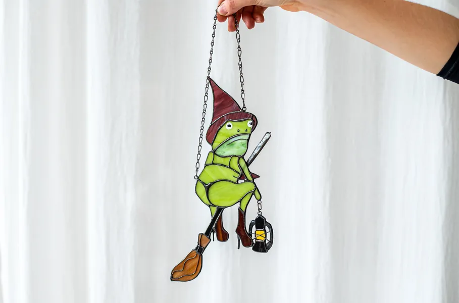Frog on a broomstick suncatcher stained glass, wall window hangings, Sun catcher stained glass Halloween decor art