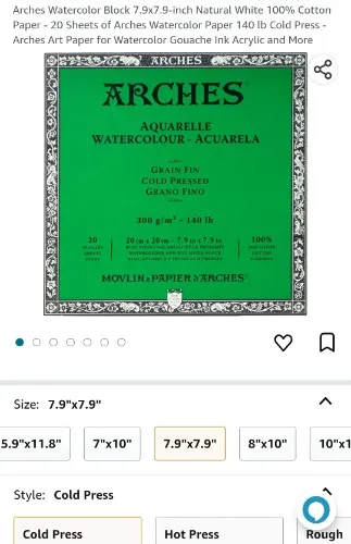 Arches Watercolor Block 7.9x7.9-inch Natural White 100% Cotton Paper - 20 Sheets of Arches Watercolor Paper 140 lb Cold Press