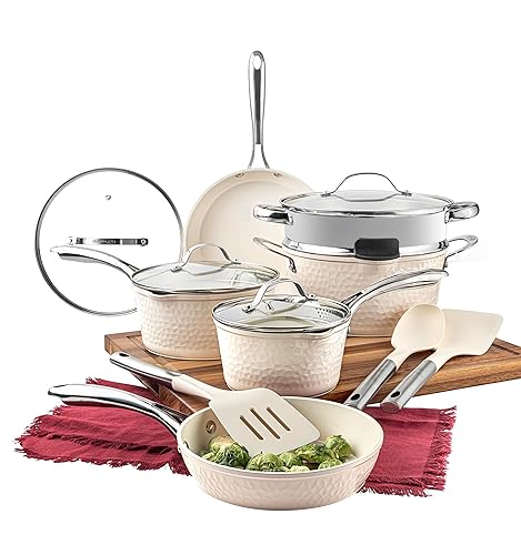 Gotham Steel Hammered 15 Pc Ceramic Pots and Pans Set Non Stick, Kitchen Cookware Sets, Pot and Pan Set, Ceramic Cookware Set Non Toxic, Non Stick Pots and Pan Set Dishwasher Safe, Cream White - Hammered Cream - 15 Pc Set