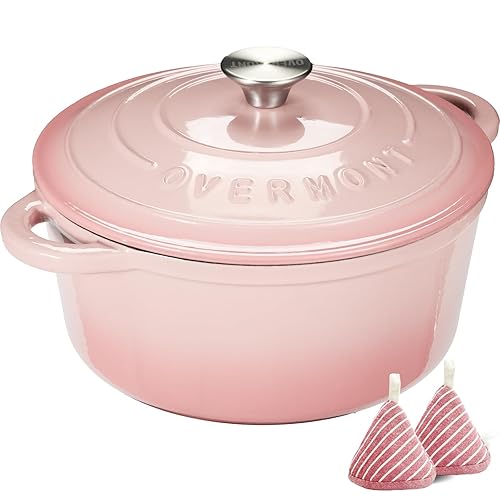 Overmont Enameled Cast Iron Dutch Oven - 5.5QT Pot with Lid Cookbook & Cotton Potholders - Heavy-Duty Cookware for Braising, Stews, Roasting, Bread Baking pink - Pink - 5.5 Quart