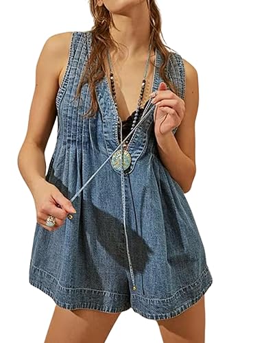 AICHARMWA Women's Denim Shorts Romper Sleeveless Tie Front Jean Romper Summer Overall Jumpsuits with Pockets - Dark Blue - Large