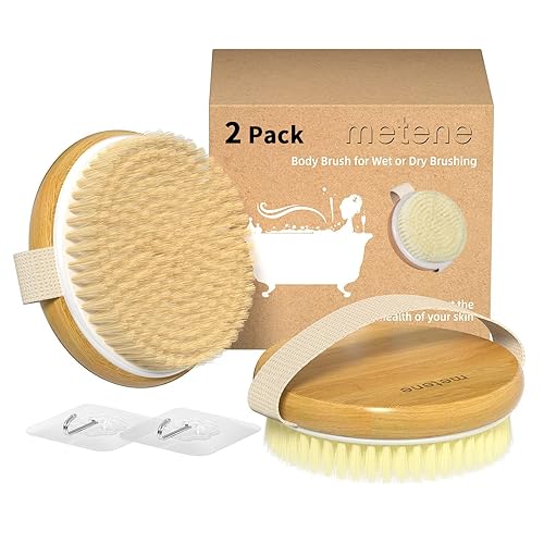 Metene 2 Pack Bamboo Dry Body Brushes, Shower Brush Wet and Dry Brushing, Dry Brush for Cellulite and Lymphatic, Body Scrubber with Soft and Stiff Bristles, Suitable for All Kinds of Skin - 2 Pack