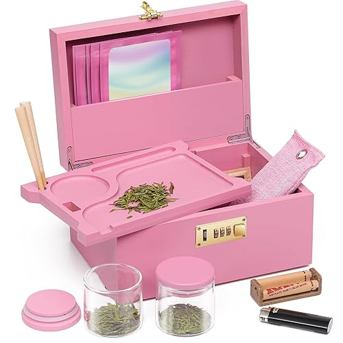 OZCHIN Large Bamboo Box with Combination Lock Decorative box for Home Great Gift Choice Storage Lockbox with Storage Jar, Tray, Resealable Bags and More - Pink