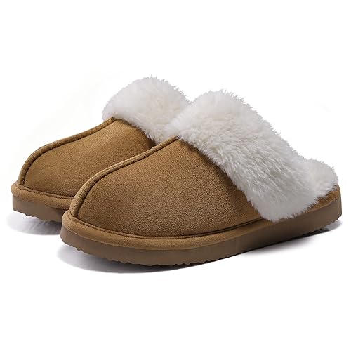 Litfun Women's Fuzzy Memory Foam Slippers Fluffy Winter House Shoes Indoor and Outdoor - 9-10 - Chestnut