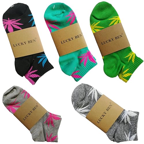 LUCKY BEN 5 Pairs Unisex Marijuana Weed Leaf Boat Warm Cotton Socks US 5-9.5 - Medium - Multicolor