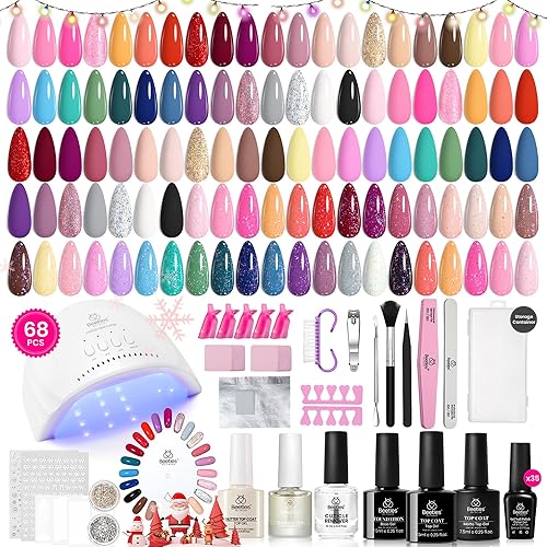 Beetles Gel Nail Polish Kit with U V Light - 68 Pcs Set 35 Colors Pink Glitter Nude Gray Gel Polish with Base and Matte&Glossy Top Coat Vivid Seasons Gel Nail Set Nail Art Manicure Tools Gifts - 1- Vivid Seasons