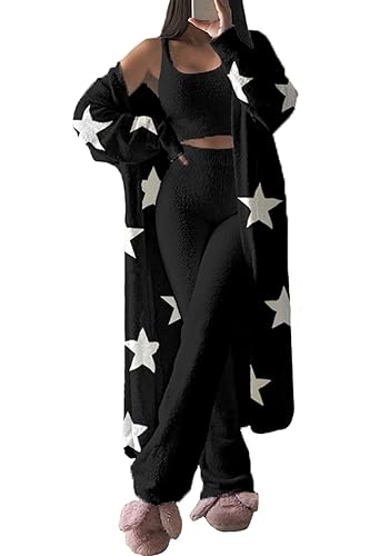 Fixmatti Women's Fuzzy 3 Piece Sweatsuit Open Front Cardigan Crop Tank Tops Wide Legs Pants Lounge Sets - Large - 1-star Black