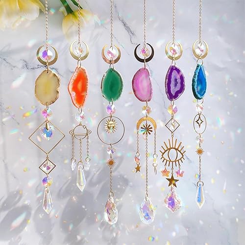 Sun Catcher, 6 pcs Sun Catchers with Crystals Prism Agate Slices Bulk Outdoor Garden Indoor Hanging Decor for Home Car Window Christmas Party Wedding Gift - 6 - Gold C