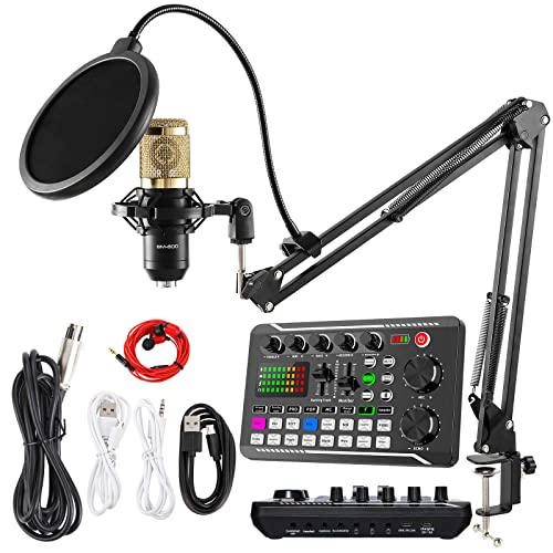 SINWE Podcast Microphone Bundle, BM-800 Condenser Mic with Live Sound Card Kit, Podcast Equipment Bundle with Voice Changer and Mixer Functions for PC Smartphone Studio Recording & Broadcasting - F998