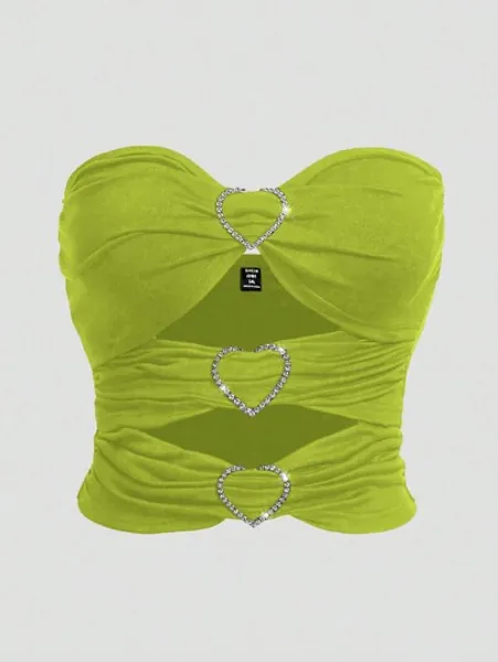 SHEIN ICON Plus Size Women's Heart Shaped Rhinestone Buckle Tube Top