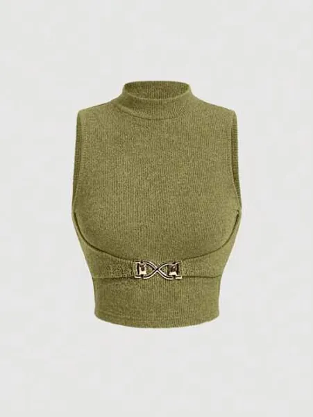SHEIN MOD Mock Neck Buckle Detail Crop Tank Top