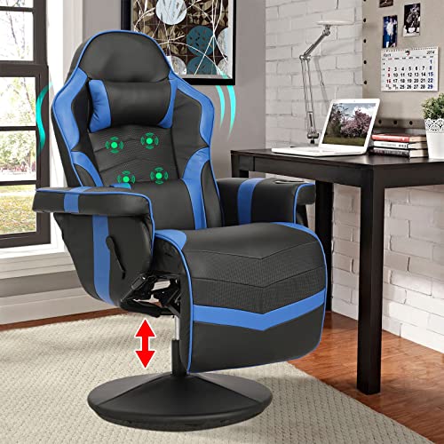 LVUYOYO Massage Video Gaming Recliner Chair - Ergonomic Computer Desk Chair -High Back PU Leather Office Chair - Adjustable Swivel Reclining Chair with Lumbar Support, Cupholder, Headrest - Black&blue