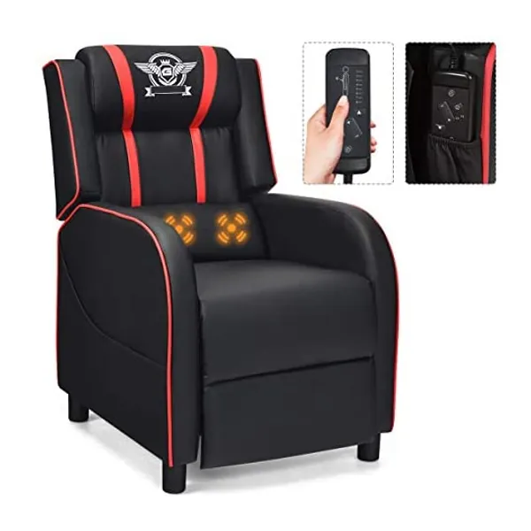 
                            Giantex Massage Gaming Recliner Chair, Racing Style Single Recliner Sofa w/Cushion, Adjustable PU Leather Recliner Home Theater Seat for Living Room (Red)
                        