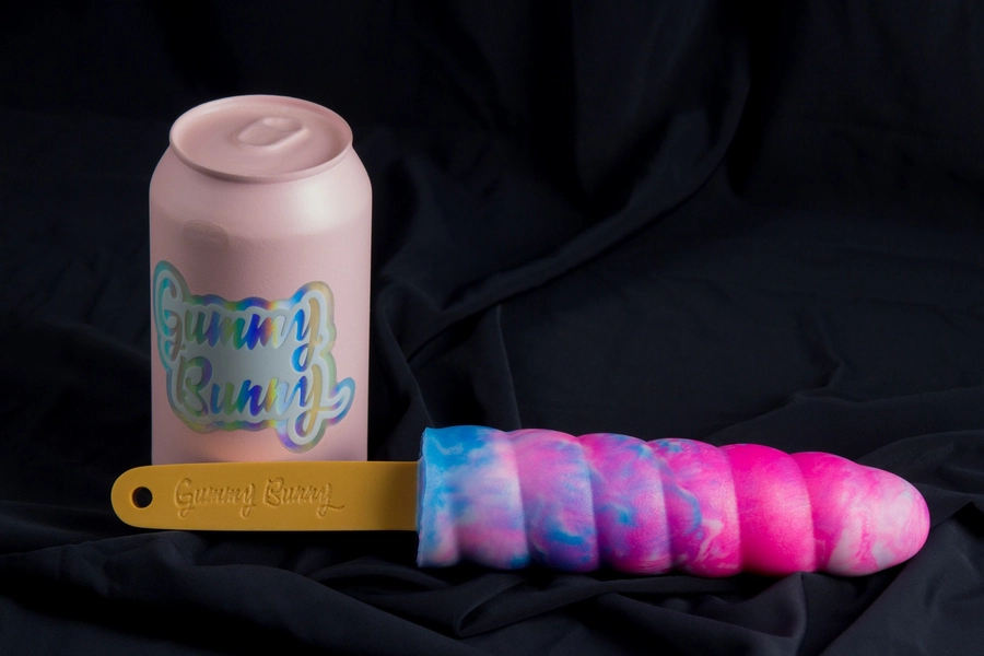 Premade Gummy Swirl Pop in glow pink white and blue color, soft firmness