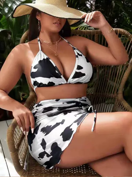 3pack Plus Cow Print Halter Bikini Swimsuit & Beach Skirt