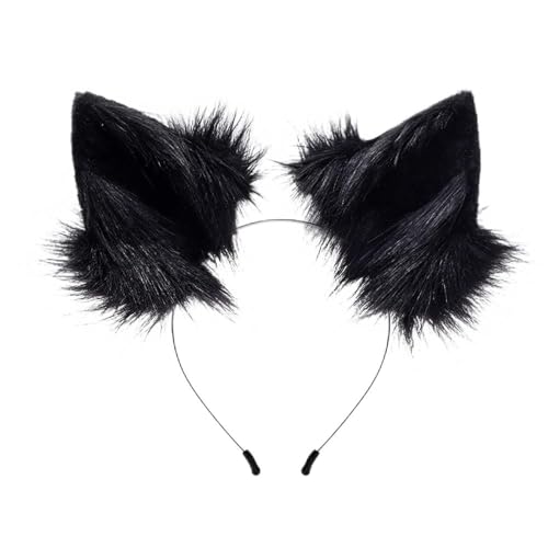 HAOAN Handmade Cat Fox Fur Ears Hairhoop Headwear Anime Fancy Dress Party Cosplay Halloween Costume Headband Hairband Black - Black