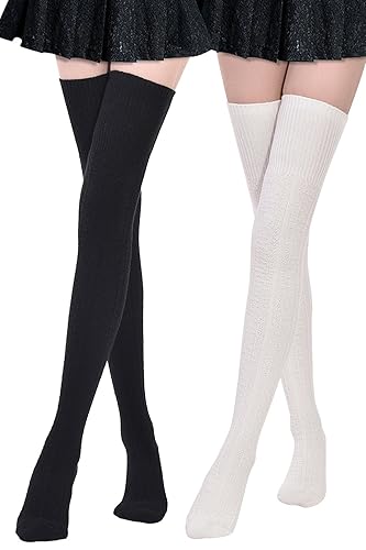 Kayhoma Extra Long Cotton Thigh High Socks Over the Knee High Boot Stockings Cotton Leg Warmers - Medium - Black & White