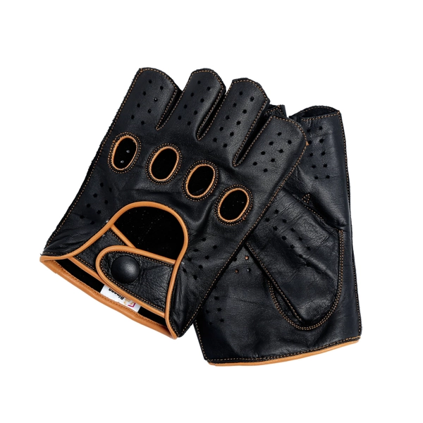 Leather Reverse Stitched Fingerless Half-Finger Driving Motorcycle Gloves - Black/Cognac