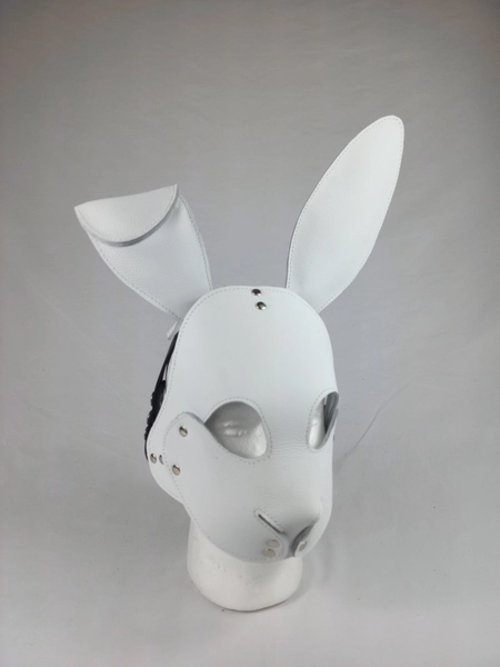 White Leather Bunny Rabbit Pet Play Hood with White Stitching