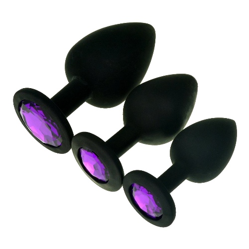 3 Pcs 3 Size Silicone Jeweled Anal Butt Plugs Anal Trainer Toys Hmxpls Sex Love Games Personal Massager for Women Men Couples Lover - Purple+black