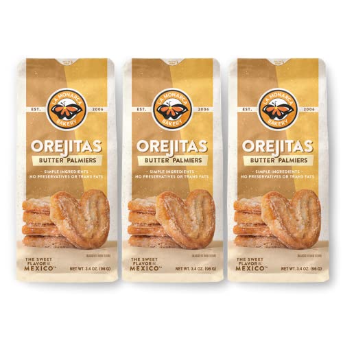 Orejitas Cookies, 3.4 Ounce (Pack of 3), Flaky and Crunchy Mexican Inspired Mini Palmiers made with Real Butter and Lightly Dusted with Sugar by La Monarca Bakery - Orejitas - 3 Pack