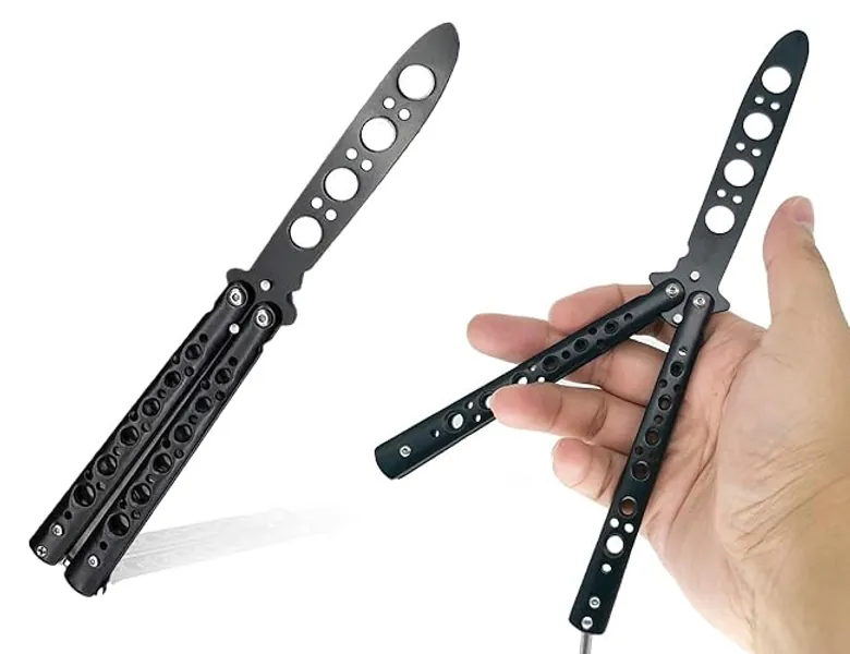 [suggested by xsenomon] Lhbwhiz Butterfly Messer zum Üben, Butterfly Trainer mit Ungeschärfte Klinge Übungs Knife, nicht scharfe Klinge für Anfängern(Schwarz)